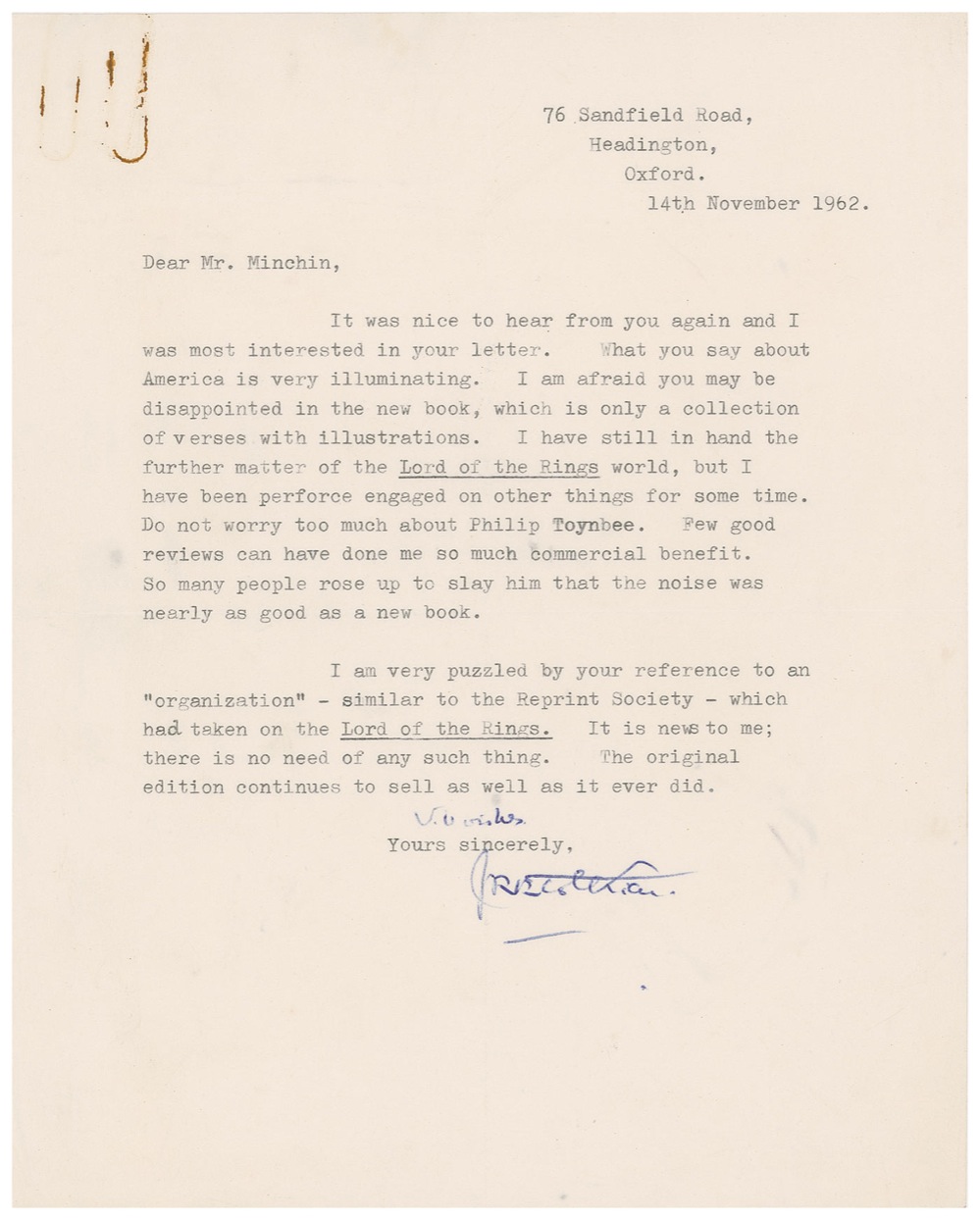 Minchin Letter RR Auction January 18th